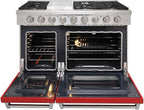 48 inch Pro-Style Natural Gas Range or Liquid Propane Gas Range with 6 Burners & 1 Griddle Cooktop, Double 4.6 cu. ft. and 2.2 cu. ft. Oven, in Stainless Steel - KOS-48RG03M (Red)