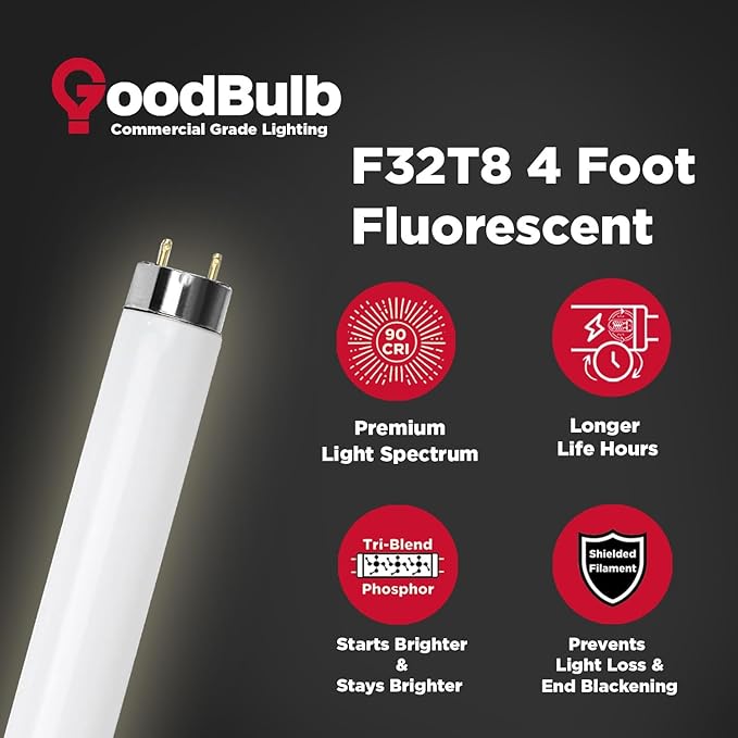 GoodBulb F32T8/835/ECO 32W 48 Inch T8 Fluorescent Light Bulb, 3500K Soft White Medium Bi-Pin Base, 3050 Lumens 86 CRI 24000 Life Hours, Instant/Programmed Start (25 Pack)