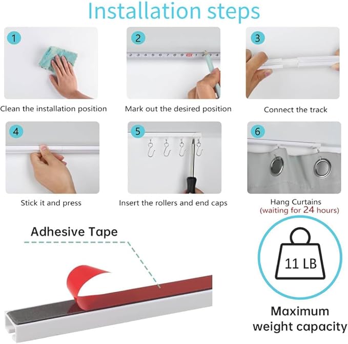 Self Adhesive Ceiling Or Wall Curtain Track No Drill Curtain Rod 8FT/96Inch, No Damage Curtain Track Hangers, For Windows Cabinet Closet Bathroom Shower Curtain (8FT)