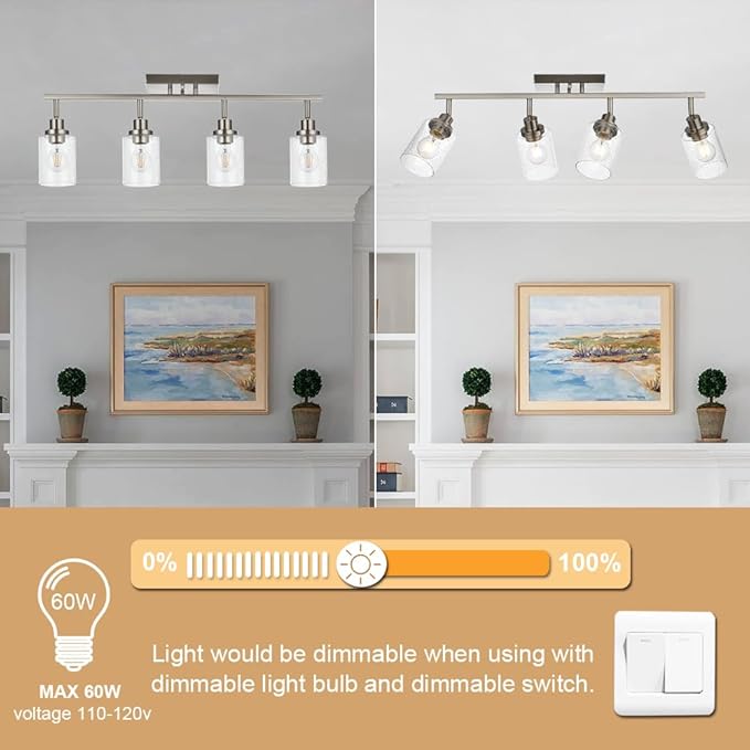 4-Light Track Lighting Fixtures, Rotatable Track Head Bathroom Vanity Light Ceiling Spotlight Brushed Nickel, Seeded Glass Shades