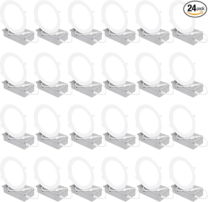 24 Pack 6 Inch Ultra-Thin LED Recessed Ceiling Light with Junction Box, 5000K Daylight, 12W 110W Eqv, Dimmable Canless LED Recessed Light, 1050LM High Brightness Wafer Downlight- ETL&FCC Certified