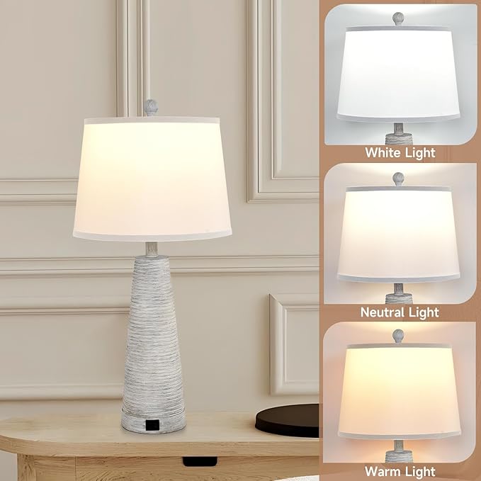 Terpsichore Bedside Lamps Set of 2 Nightstand Lamp Desk Lamps Vintage Rustic Farmhouse Table Lamp 3 Way Dimmable Light,Suitable for Living Room Bedroom,with Linen Shade LED Bulb,USB A+C Port