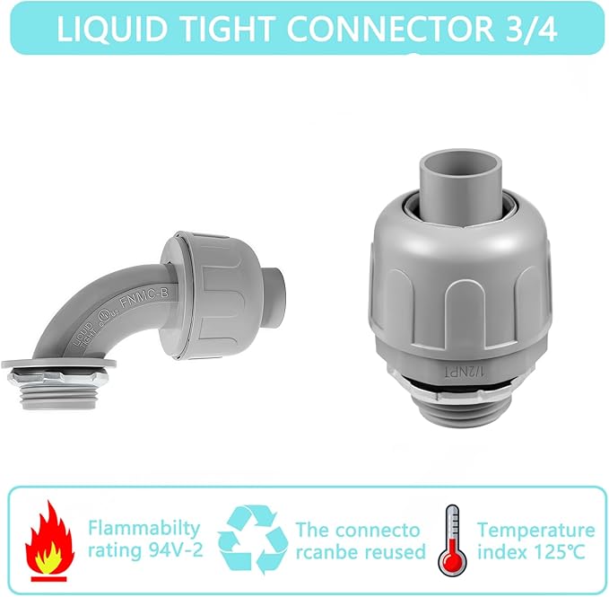 12 Pack NPT 1 Inch Liquid Tight Connector,Non-Metallic PVC Electrical Flexible Conduit Fittings,UL Listed - 10 Pack 180D and 2 Pack 180D,Grey