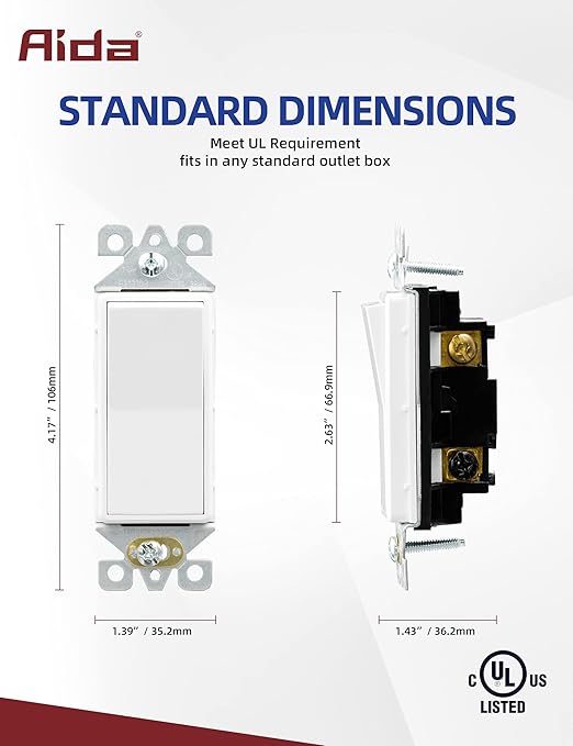 AIDA 3 Way Decorative Light Switch Wall Plate, Electric Switches,15Amp, 120/277 Volt, 3 Way Rocker Switch, Self-Grounding, Residential and Commercial Grade, UL Listed (50, Glossy White)
