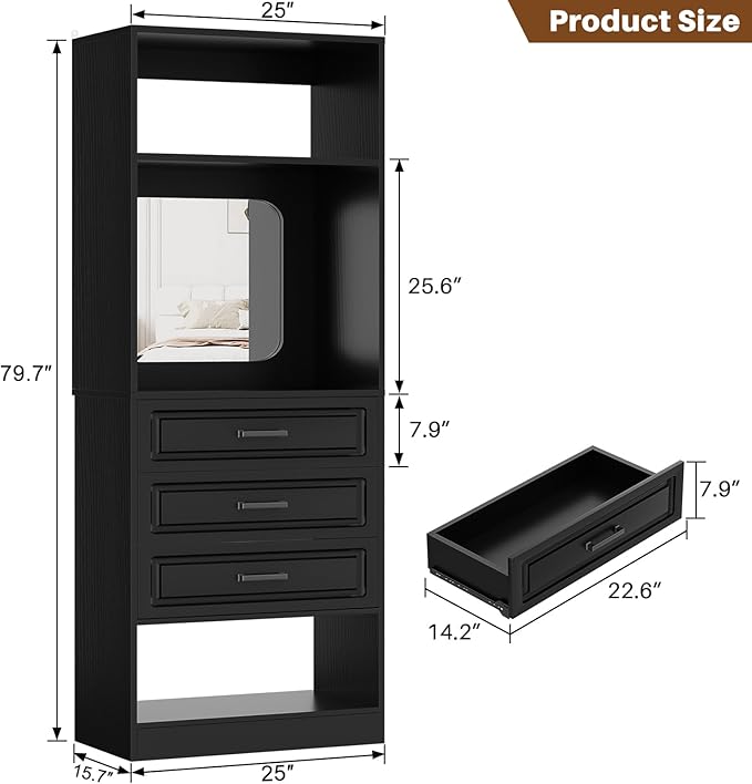 Unikito 25”Freestanding Closet System with 3 Drawers, Organizer Wardrobe with Storage Shelves and Mirror, Sturdy Wood Walk-in Organizer Systems for Small Closets, 25" W x 16" D x 80" H, Black
