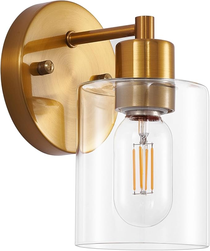 1-Light Gold Wall Sconce,Vanity Light, Modern Bathroom Light fixtures with Clear Glass Shade for Bedroom, Entrance, Hallway, Living Room Wall Mount Bathroom Mirror Fixtures (1PACK)
