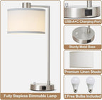 Luvkczc Table Lamps for Living Room with USB C+A Ports - Fully Stepless Dimmable Bedsides Lamp with Linen Lampshade, Lamps for Night Stands Bedroom Reading Office, 2 LED Bulbs Included (Silver)