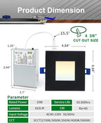 zouzai Square Led Recessed Lighting,5CCT Ultra Thin Square Led Ceiling Light with Junction Box,CRI90,2700K-5000K Selectable,Dimmable Canless Downlight,ETL and Energy Star (Black【12 Pack】, 4 Inch)