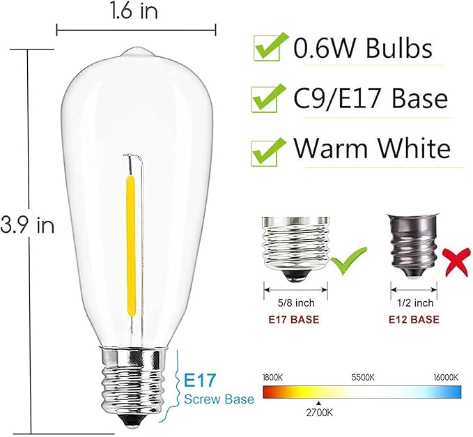 Abeja 10 Pack LED Edison Light Bulbs, ST40 Clear Replacement Bulb 0.6W fits E17 C9 Screw Base, Vintage Dimmable Shatterproof Bulbs for Outdoor Patio ST40 String Lights, Warm White