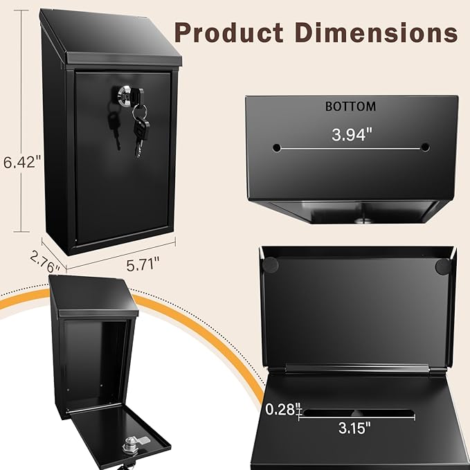 Locking Mailbox with Key for Outdoor 6 x 3.4 x 10.6 Inches Small Wall Mount Mail Box with Lock Security Mail Drop Metal Collection Boxes Hanging Secure Postbox Black