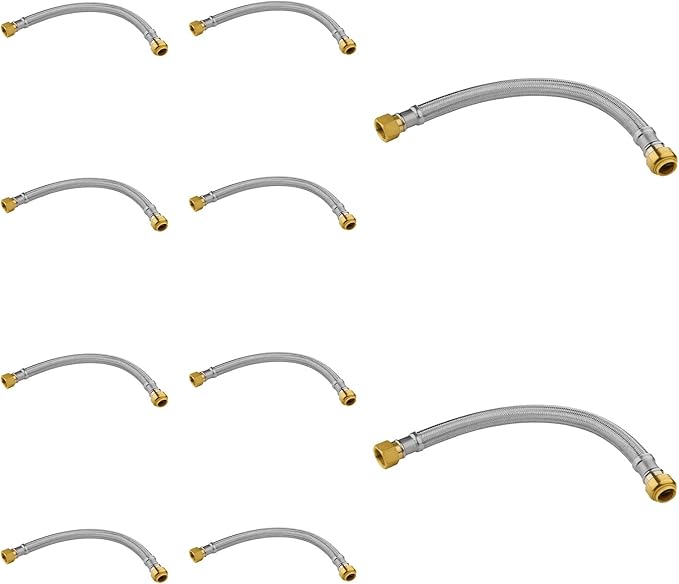10 Pack Foskan 12-Inch Flexible Water Heater Connector Hose,with 1/2" Push-Fit x 3/4" FIP,Compatible with Copper, PEX, CPVC, and PE-RT Pipes for Water and Heating Use（12" Length）