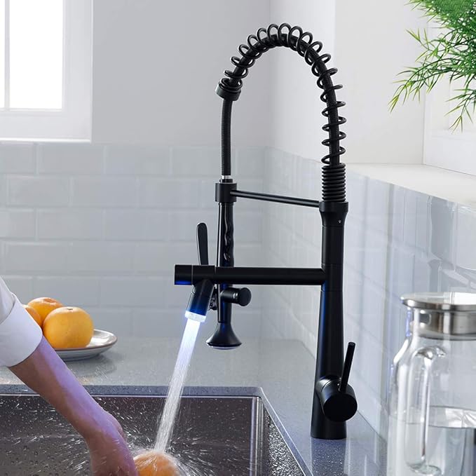 AIMADI Black Kitchen Faucet with Sprayer,Commercial Faucet Kitchen Single Handle Spring Pull Down Kitchen Sink Faucet with LED Light,Matte Black