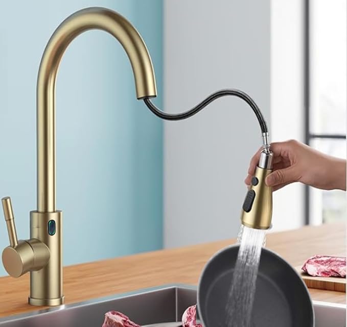 Touch-Less Kitchen Faucet, 3 Modes Pull Down Sprayer, LED Temperature Control,Sensor Activated,Ceramic Valve, 360-Degree Rotation, 1 or 3 Hole Deck Plate. 10-Year Warranty. (KW-78J, Gold)