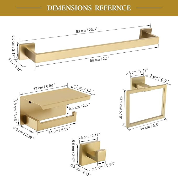TNOMS 6-Piece Bathroom Hardware Set 23.6 Inch Gold Towel Bar Set Double Towel Bar Towel Ring Coat Hook and Toilet Paper Holder with Shelf Wall Mounted Stainless Steel Bathroom Accessories Set