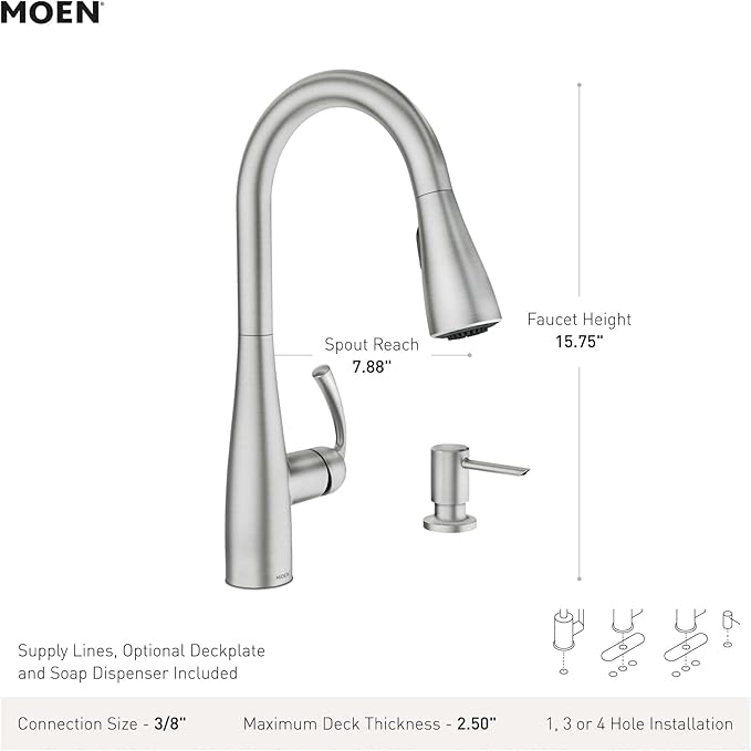 Moen Essie Spot Resist Stainless Pulldown Sprayer Kitchen Sink Faucet Set with Modern Pump Soap Dispenser, 87014SRS