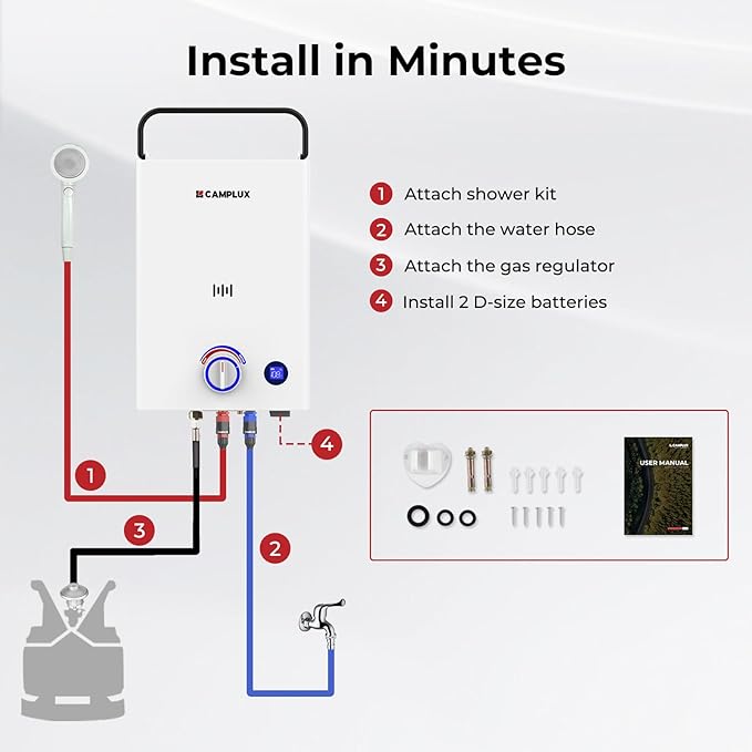 CAMPLUX First F10 Tankless Water Heater with 3-Level Adjustable & Foldable Handle, 2.64GPM, Screw-Free Design, 68,000 BTU Outdoor Portable Propane Water Heater for Camping, LED Digital Display, White