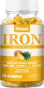 1 Pack 100MG Iron Supplement Gummies for Women & Men - with Vitamin A, C, B - Blood Builder ＆ Energy Support for Iron Deficiency, Anemia, Adults ＆ Children, Vegan, Pineapple Flavor Gummy, 60ct