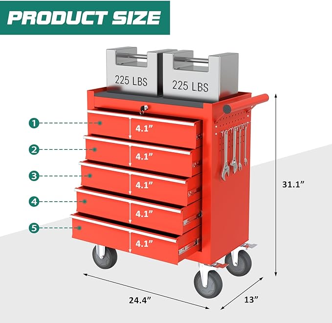5-Drawer Rolling Tool Chest Toolbox, Rolling Tool Box with Wheels, Tool Chest with Keyed Locking System and Drawer Liners, Tool Box Organizer for Garage, Warehouse, Workshop(Red)