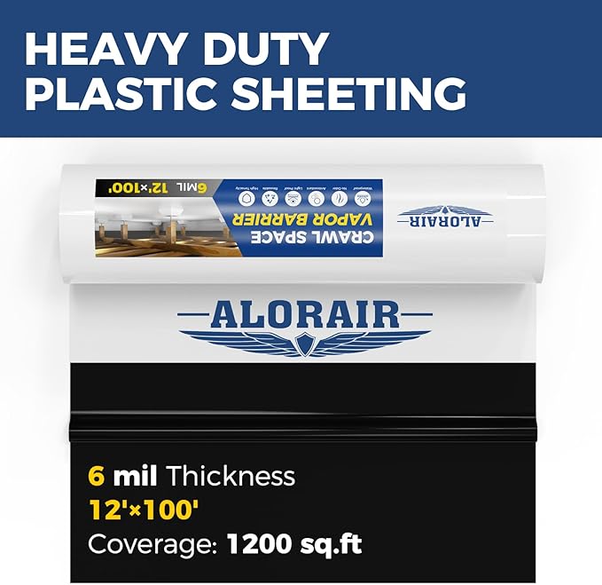 ALORAIR Crawl Space Vapor Barrier 6 mil 12'x100', Drop Cloth Vapor Barrier Covering for Crawlspace Encapsulation Moisture Control, Thick Plastic Sheeting Heavy Duty, Black and White Panda Film