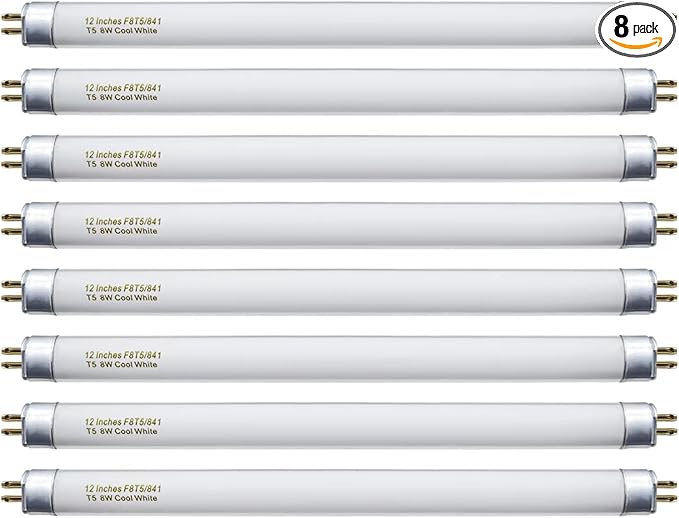 8 Pack F8T5/CW Fluorescent Bulbs, T5 12 inch 8 Watts Under Cabinet Light Bulb Cool White, G5 Mini Bi 420 Lumen