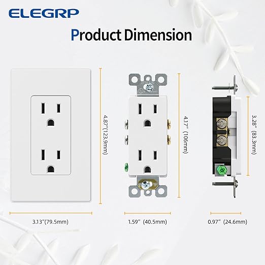 ELEGRP Matte White Standard Decorator Electrical Wall Receptacle Outlet, 15A 125V, 2 Pole 3 Wire, Non-Tamper Resistant, NEMA 5-15R, Self-Grounding, Mid Wall Plate Included, UL Listed (10 Pack)