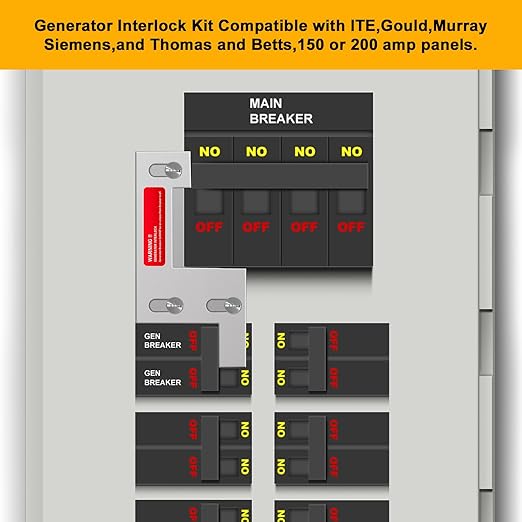 Generator Interlock Kit Compatible with Siemens,ITE,Gould Murray and Thomas and Betts 150 or 200 amp Panels,1 1/4 Inch Spacing Between Main Circuit Breaker and Generator Circuit Breaker