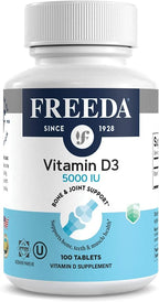 FREEDA Vitamin D3-5000 IU - Pure High Potency Kosher Supplement Tablets - Bone and Muscle Health, Calcium Absorption, Immune Support for Men and Women* - 100 Count