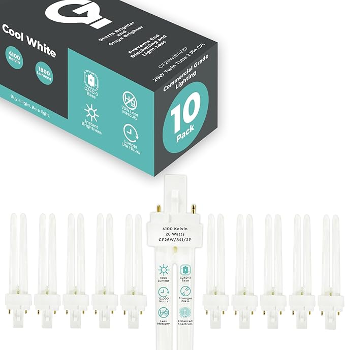 GoodBulb 26 Watt CFL Light Bulbs 2 Pin G24D-3 Base 4100K Cool White 26W High Output 1800 Lumens Double Tube Compact Fluorescent Light Bulbs Plug-in 10 Pack