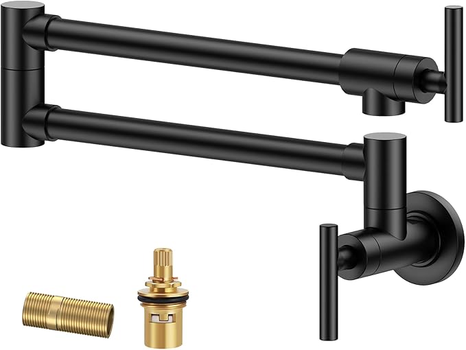FORIOUS Black Pot Filler Faucet Over Stove, Solid Brass Modern Wall Mount Commercial Folding Faucet with Stretchable Double Joint Swing Arms for Kitchen Restaurant