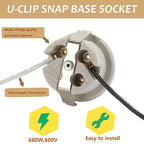 E26 U Clip Porcelain Socket,Medium Base Snap-in Keyless Ceramic Lamp Holder with 6" Black White Dual Wires, 660W 600V for Fixture Lighting (2-Pack)