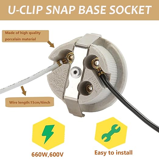 E26 U Clip Porcelain Socket,Medium Base Snap-in Keyless Ceramic Lamp Holder with 6" Black White Dual Wires, 660W 600V for Fixture Lighting (2-Pack)