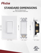 AIDA Matte White Single Pole Decors Light Switch with Screwless Wall Plate Cover, 15Amp, 120/277V, Paddle Rocker Switch Replacement, On/Off Wall Switch,Residential Grade, UL/CUL (20 Pack)