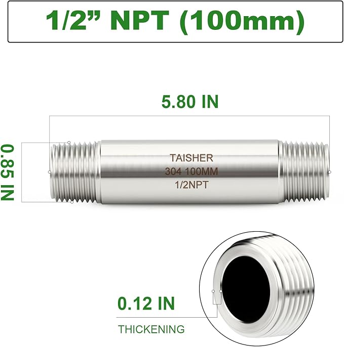 TAISHER 2PCS Stainless Steel Pipe Fittings, 1/2" NPT Male x 1/2" NPT Male Threaded, 4" Length Thickened Nipple Cast Pipe