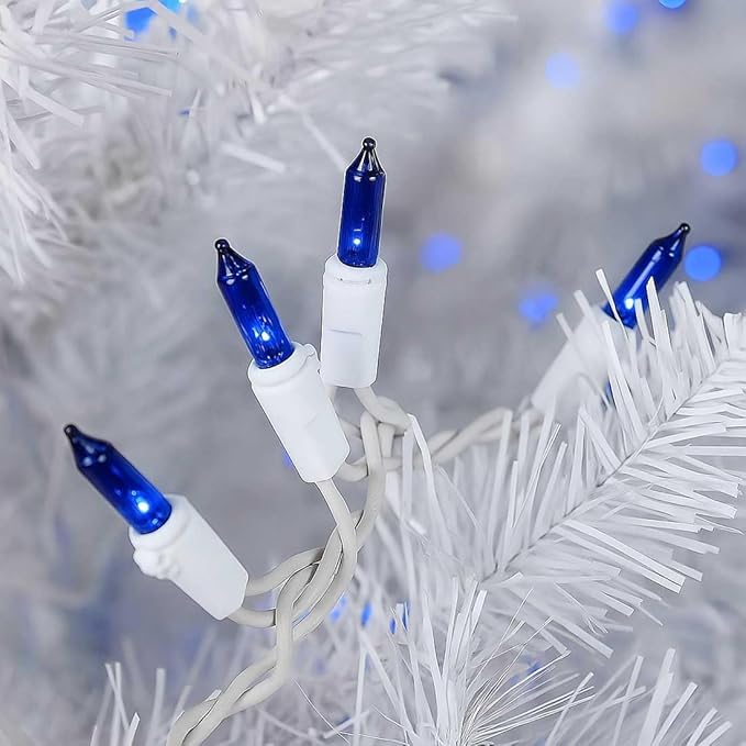 Novelty Lights 50 Feet 100 Bulb Incandescent Mini Light String, Blue with 6-Inch Spacing on White Wire, UL Listed Commercial Grade Indoor/Outdoor Mini Lights, Connectable End-to-End