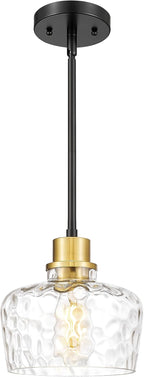 Emak Modern 8 Inch Pendant Lights Kitchen Island, Black and Gold Pendant Light Fixtures with Hammered Glass Shade, Farmhouse Island Lights for Kitchen, Dining Room, Bathroom, PL122-BKBGD-HG