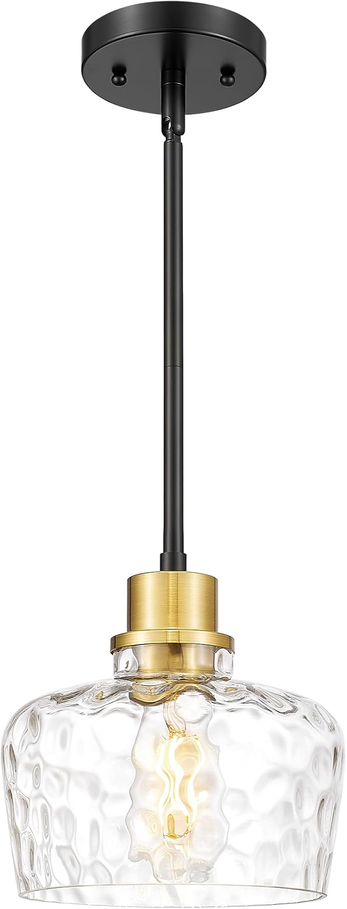 Emak Modern 8 Inch Pendant Lights Kitchen Island, Black and Gold Pendant Light Fixtures with Hammered Glass Shade, Farmhouse Island Lights for Kitchen, Dining Room, Bathroom, PL122-BKBGD-HG