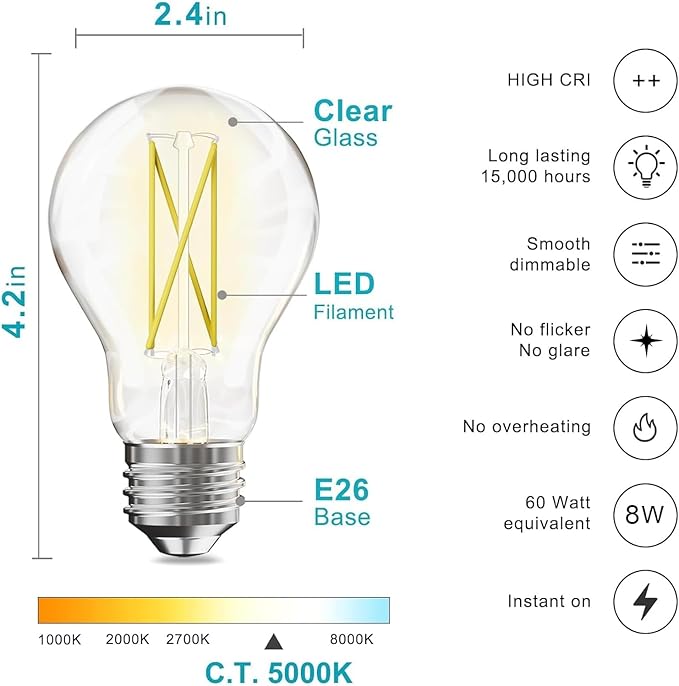 TJOY 12 Pack A19 Vintage LED Edison Bulbs, Dimmable, 60W Equivalent, High Brightness 5000K Daylight, Ultra-Bright, 8W E26 Standard Base, 800 Lumens, CRI80+, Clear Glass Filament Bulb for Home