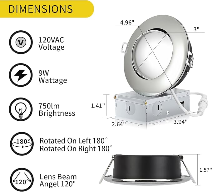 Chrome 4 Inch Led Recessed Lights 6 Pack,Ajustable Led Eyeball Gimbal Light,4 Inch Ceiling Light with Junction Box,5CCT Selectable,9W 750LM,Dimmable,ETL Listed
