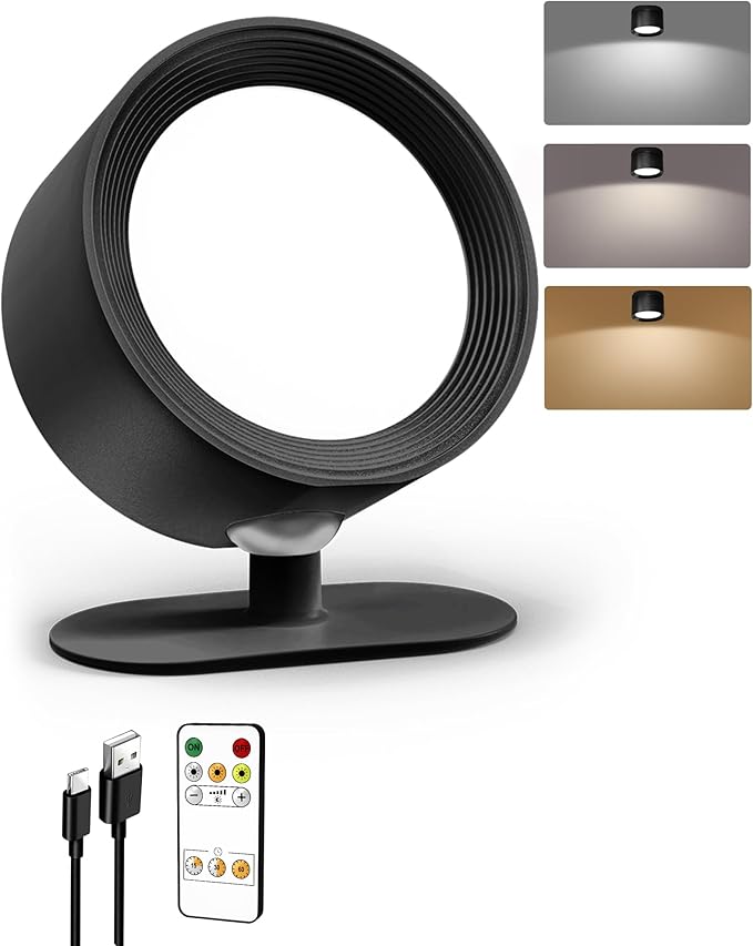 LED Wall Mounted Lights, Rechargeable Wall Sconces Lamp, 3 Color Temps & Remote and Touch, 360°Rotation Dimmable Cordless Wall Light for Study Bedroom Reading Bedside(Black, 1 Pack)