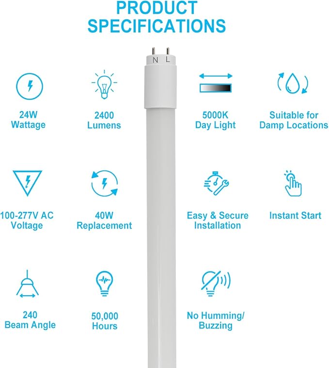 40 Pack 4FT LED T8 Type A+B Tube Lights, 24W, 5000K, Single or Double End Powered, Plug and Play or Ballast Bypass, 4 Foot T10 T12 Fluorescent Bulbs Replacement, Milky Cover