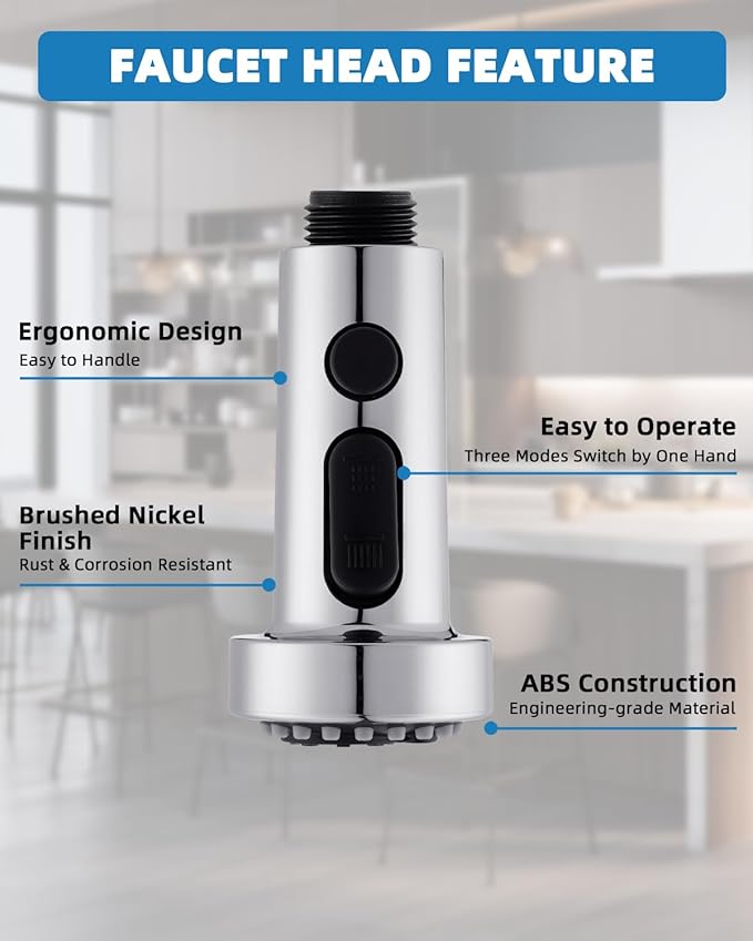 Hibbent Kitchen Faucet Head Replacement, Pull Down Sink Spray Nozzle with 3 Function, G1/2 or 13/16 Inch Male Connector (Only for G1/2 Connector, Chrome)