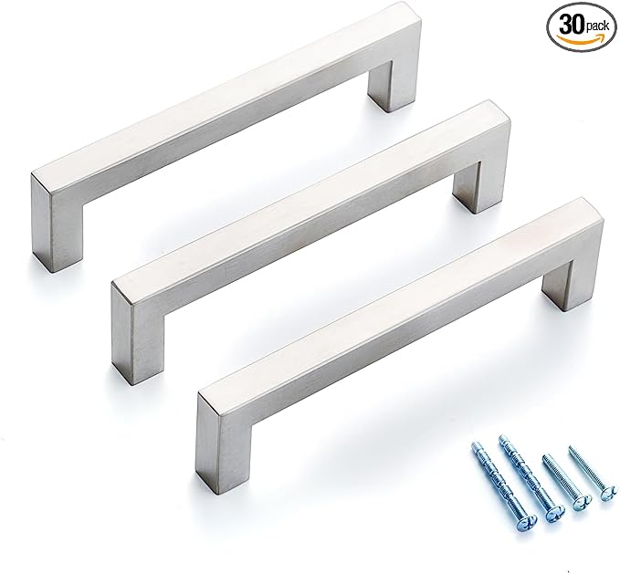 30 Pack 5 Inch (Center to Center 5in) Brushed Nickel Cabinet Pulls Square Drawer Handles Sliver Cupboard Handles Modern SUS 304 Stainless Steel Kitchen Cabinet Handles
