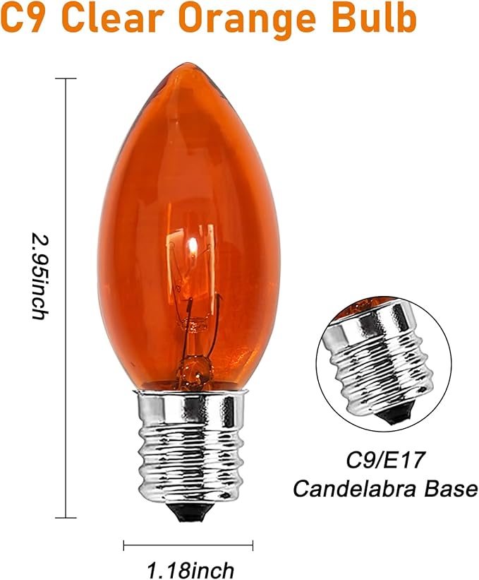 C9 Orange Halloween Light Bulbs, 25-Pack E17 Base, Waterproof Outdoor Bulbs for Halloween Decorations, Patio & Yard Lighting, Spooky Glow for Parties, Pathway & Events