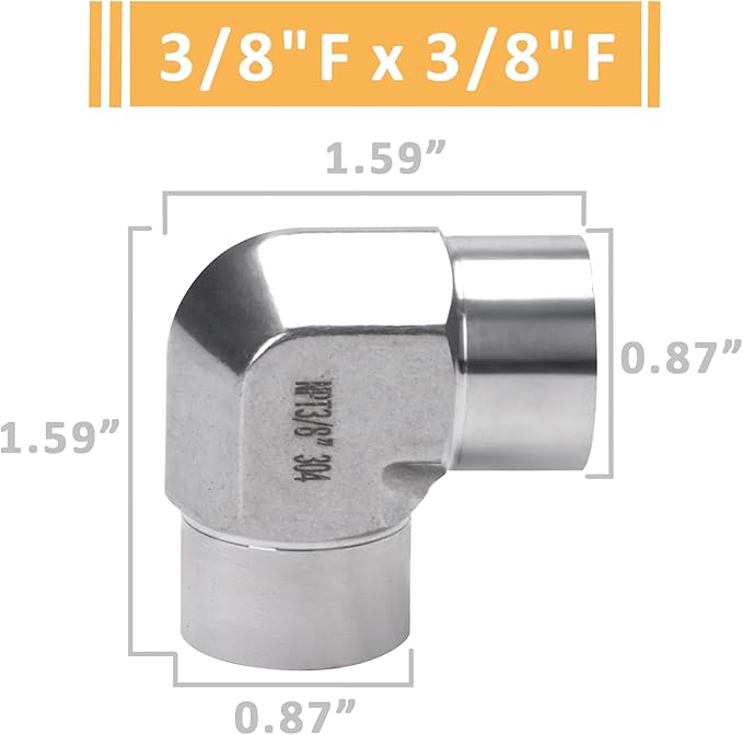 90 Degree Street Elbow - 3/8" NPT Female to 3/8" NPT Female Stainless Steel 304 Heavy Duty Forged Barstock Street Elbow Adapter Pipe Fitting (pack of 2)
