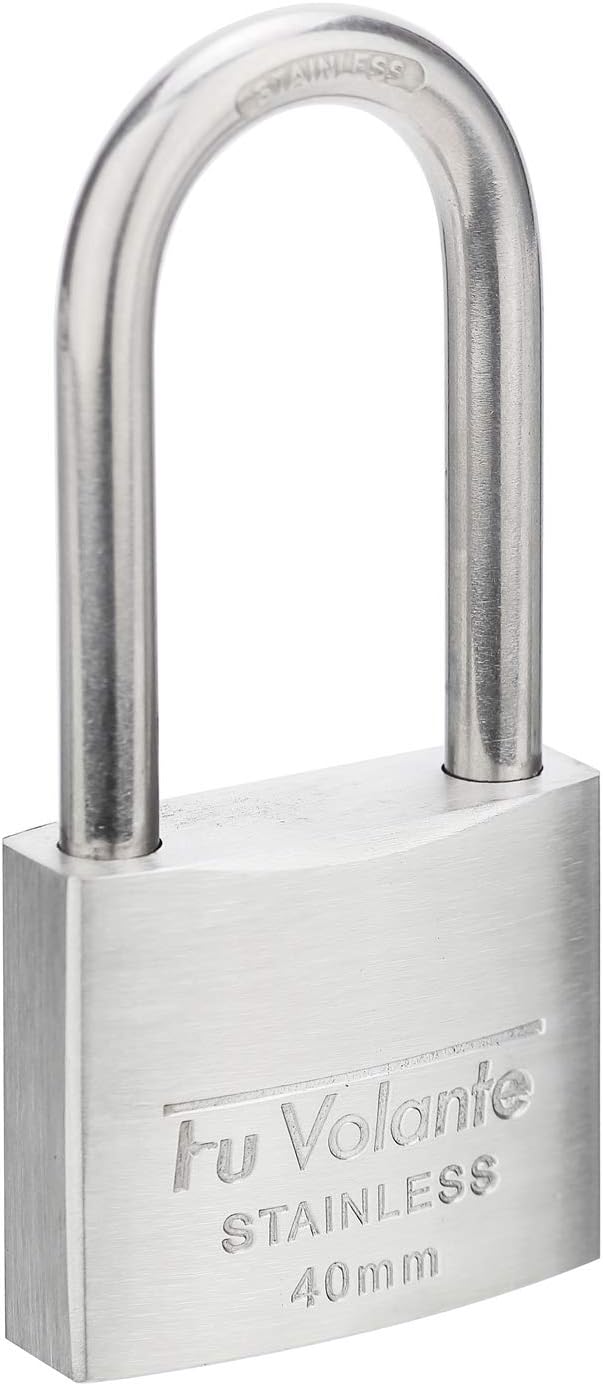 Stainless Steel Padlock, 304 Marine Series, Weatherproof & Rustproof Padlock for Outdoor use, 1-9/16 inch Wide, Long Shackle, Stainless Steel Body & Shackle