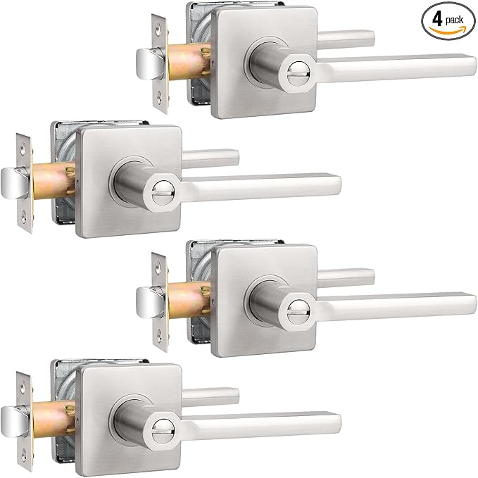 Probrico Privacy Door Handle Interior Heavy Duty Square Brushed Nickel Door Knobs for Bedroom Bathroom Reversible Keyless Door Lever Satin Nickel, 4 Pack