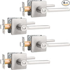 Probrico Privacy Door Handle Interior Heavy Duty Square Brushed Nickel Door Knobs for Bedroom Bathroom Reversible Keyless Door Lever Satin Nickel, 4 Pack