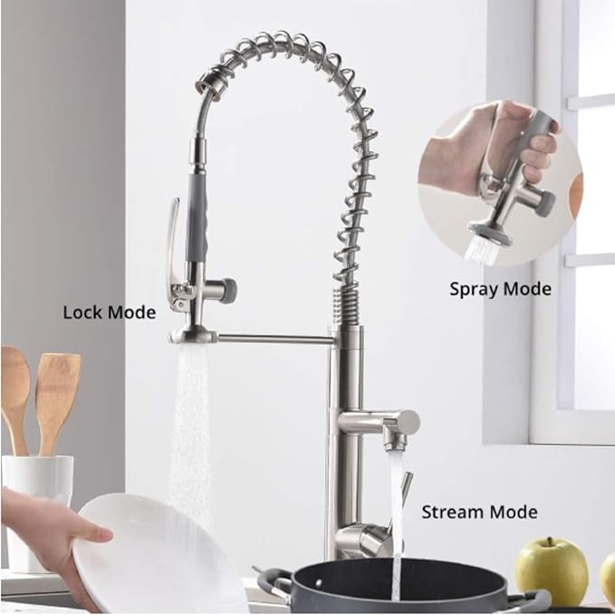 Smart Kitchen Faucet, 3 Modes Pull Down Sprayer, LED Temperature Control, Ceramic Valve,360-Degree Rotation,1 or 3 Hole Deck Plate, Double Spout. 10-Year Warranty. (KW-29SN, Brushed Nickel)