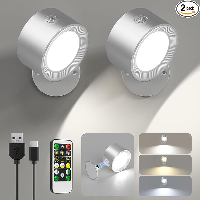 Lightbiz LED Reading Lights, Wall Lights Sconces 2 Pcs with Remote Rechargeable Battery Operated, 3 Color Temperatures & Dimmable Light Magnetic Ball 360°Rotation, Lamps for Study Bedside Closet