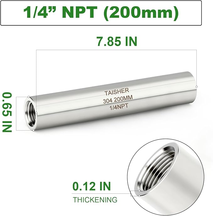 TAISHER 2PCS Stainless Steel Pipe Fittings, 1/4" NPT Female x 1/4" NPT Female Threaded, 8" Length Thickened Nipple Cast Pipe